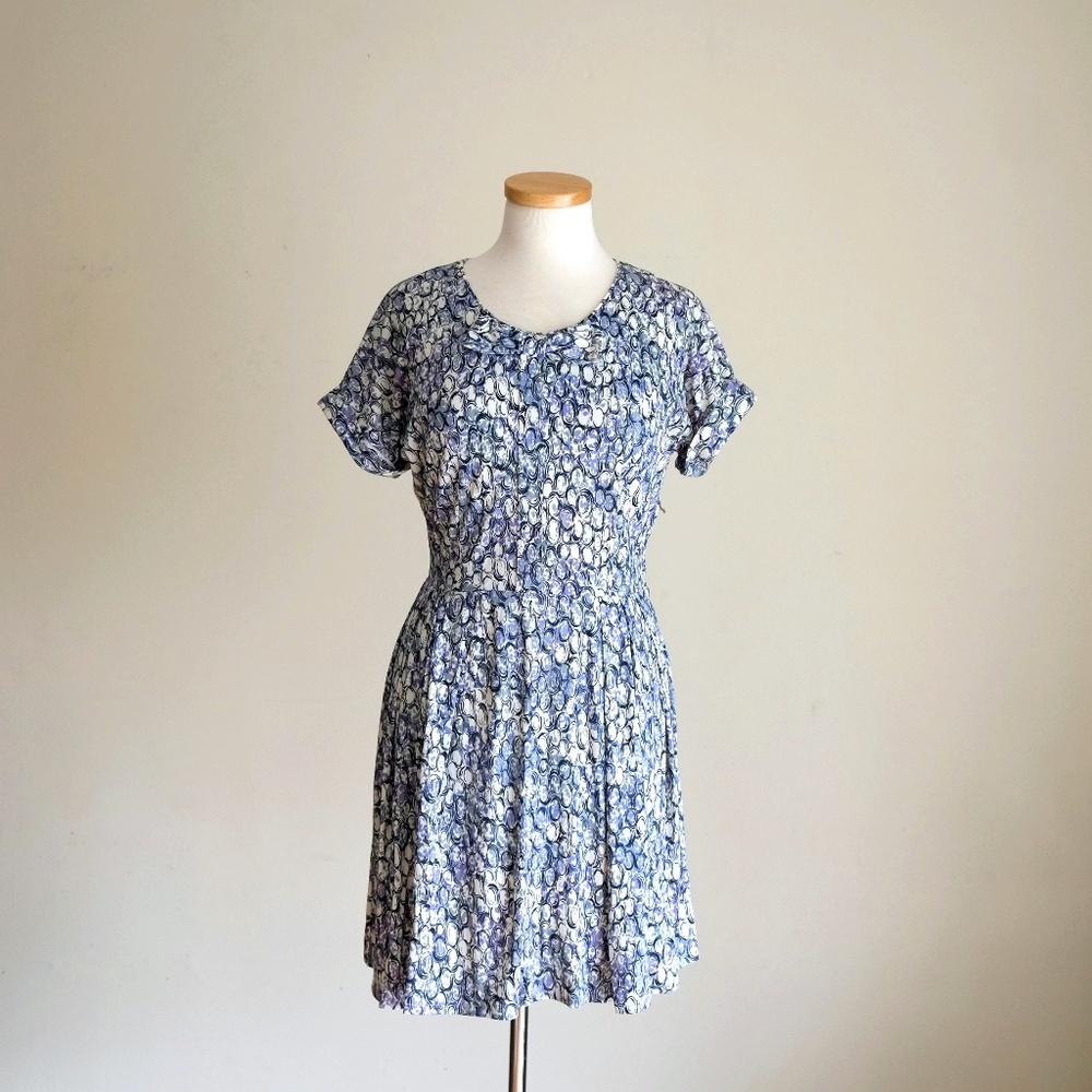 Vintage 1950s Blue and White Abstract Aline Rayon Jersey Dress Medium